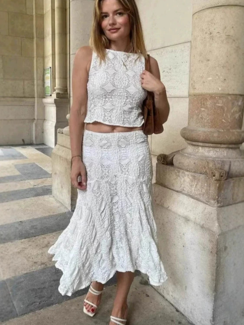 Zara Vacation Cutout Lace Sleeveless Crop Top Mermaid Bodycon Skirt Set